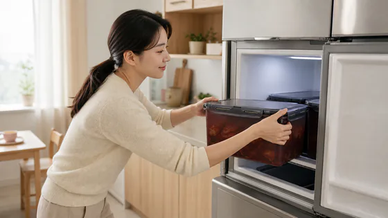 냉장고에 김치통을 넣는 사람